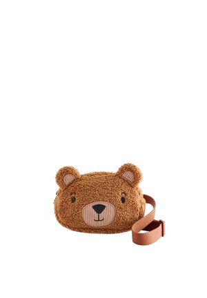 Brun børne skuldertaske formet som en bamse med smilende ansigt og justerbar rem på hvid baggrund.