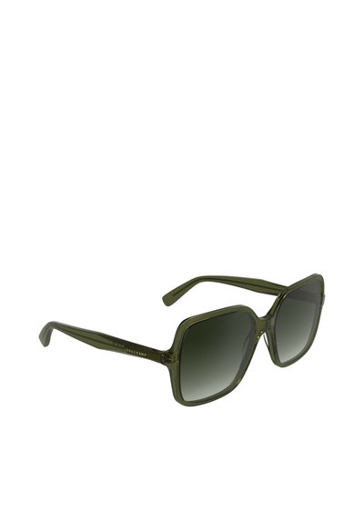 Lunettes de soleil oversize vert olive avec des verres dégradés et une finition brillante. Elles présentent des montures épaisses et une marque métallique sur la branche.
