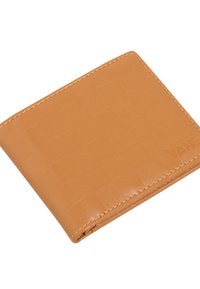Portafoglio in pelle tan con texture intrecciata, bordi cuciti e logo impresso. Design compatto a due pieghe per carte e contante.