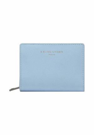 Portefeuille en cuir bleu clair avec logo argenté "Liebeskind Berlin" et tirette de fermeture éclair argentée sur fond blanc.