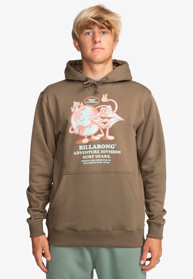 Brown hoodie in soft cotton blend, featuring a front pocket, drawstring hood, and graphic print of cartoon characters and text.