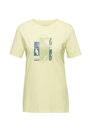 T-shirt giallo chiaro con maniche corte e collo a giro. Presenta una grafica in tonalità blu e verde. Realizzato in tessuto di cotone.