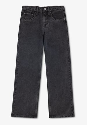 Sorte denim-jeans med brede ben, fem lommer, bæltestropper og knaplukning, præsenteret fladt på hvid baggrund.