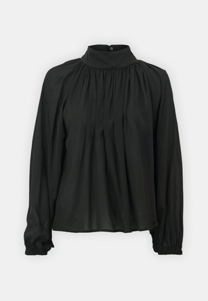 Black long-sleeve blouse with a high neck, gathered fabric, and elastic cuffs. Made of lightweight material with a smooth texture.