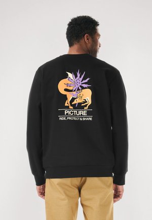 Black sweatshirt with a crew neckline. Features a stylized graphic of animals and plants in orange and purple. Text reads "RIDE, PROTECT & SHARE."