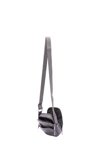 Borsa a tracolla grigia realizzata in materiale resistente, dotata di più scomparti con zip, tracolla regolabile e tracolla con logo stampato.