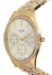 Goudkleurig polshorloge met een ronde kast, crème wijzerplaat, drie subdialen en een met kristallen bezet bezel. Ontwerp met een metalen schakelarmband.