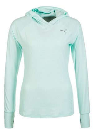 Lichtblauw sportshirt met lange mouwen, capuchon, duimgaten en klein Puma-logo op de bovenborst.