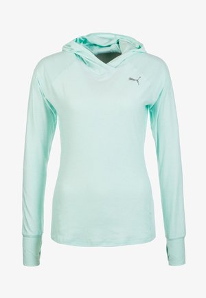 Lyseblå langærmet atletisk trøje med hætte, tommelfingerhuller og lille Puma-logo på øverste del af brystet.