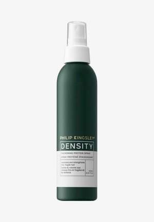 Green cylindrical spray bottle with a white nozzle. Label features "PHILIP KINGSLEY DENSITY" in gold and white text. Holds 120ml.