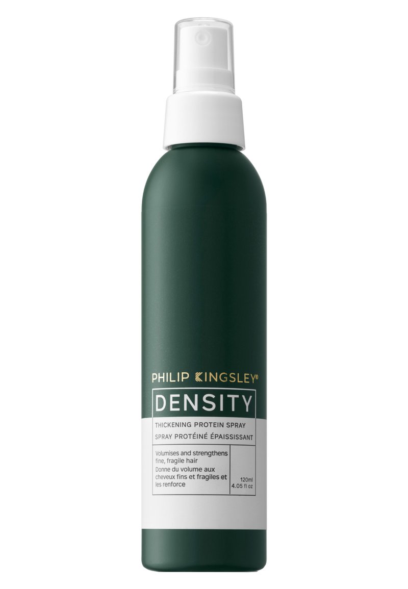 Grüne zylindrische Sprayflasche mit weißem Sprühkopf. Das Etikett zeigt "PHILIP KINGSLEY DENSITY" in goldener und weißer Schrift. Fassungsvermögen 120 ml.