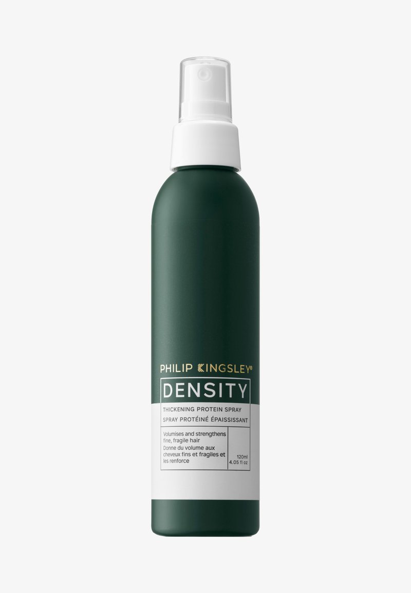 Flacone spray cilindrico verde con un beccuccio bianco. L'etichetta presenta "PHILIP KINGSLEY DENSITY" in testo oro e bianco. Contiene 120 ml.
