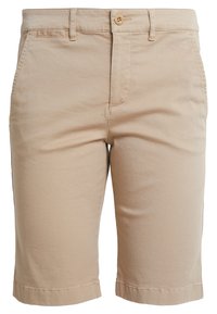 Krémové bavlněné kraťasy s knoflíkovým zapínáním, předními kapsami a ohrnutým lemem. Hladký materiál a volný design vhodný do teplého počasí.