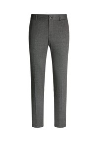 Pantalons gris en tissu texturé, avec une coupe droite, des poches latérales et une fermeture à un bouton.