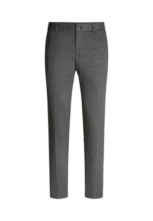Grau Trousers aus einem strukturierten Stoff, mit gerade geschnittenem Schnitt, Fronttaschen und einem einzigen Knopfverschluss.
