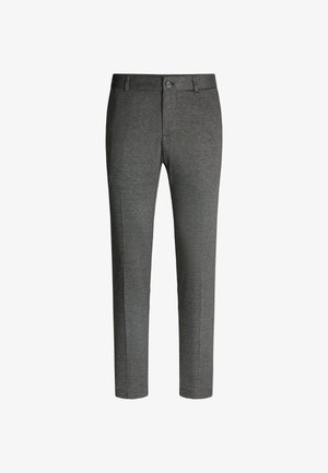 Grau Trousers aus einem strukturierten Stoff, mit gerade geschnittenem Schnitt, Fronttaschen und einem einzigen Knopfverschluss.