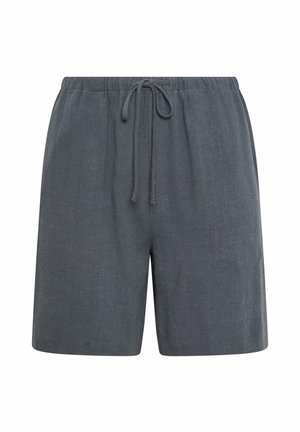 Dunkelgraue Leinen-Shorts mit einem Kordelzugbund, die eine lockere Passform und eine glatte Textur aufweisen, jedoch keine Taschen oder auffälligen Nähte haben.