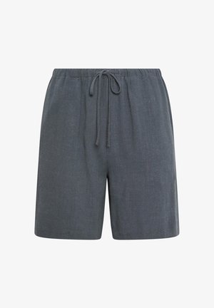Dunkelgraue Leinen-Shorts mit einem Kordelzugbund, die eine lockere Passform und eine glatte Textur aufweisen, jedoch keine Taschen oder auffälligen Nähte haben.