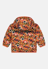 Floral puffer jacket in orange, featuring a vibrant pattern of various flowers, with a hood and black text reading "THE OBSERVATORY."