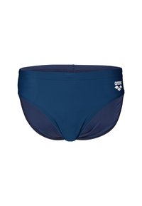 Slip da bagno blu navy realizzato in tessuto morbido e elasticizzato. Presenta un design leggermente sagomato e un piccolo logo bianco sul lato destro anteriore.