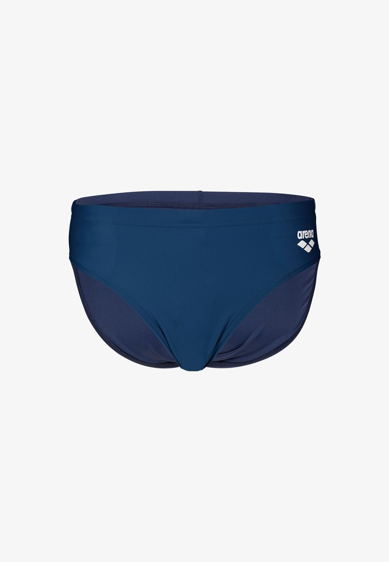 Slip da bagno blu navy realizzato in tessuto morbido e elasticizzato. Presenta un design leggermente sagomato e un piccolo logo bianco sul lato destro anteriore.