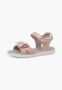 Sandalias de cuero rosa con un detalle de mariposa, que cuentan con dos correas ajustables y un forro interior blanco. Suela texturizada para mayor agarre.