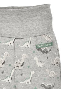 Graue Baumwoll-Hosen für Kleinkinder mit verschiedenen Dinosaurier-Mustern in Hell- und Dunkelgrau sowie grünen Akzenten. Elastischer Bund und ein Etikett "Papaspieler".