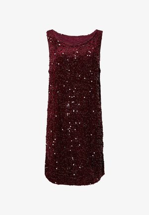 Abito senza maniche color bordeaux ricoperto di paillette con una finitura testurizzata, caratterizzato da un collo rotondo e un taglio dritto, adatto per occasioni serali.