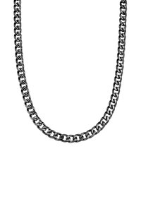 Collana a catena realizzata in metallo nero con anelli intrecciati; presenta una superficie liscia e lucida e un design piatto classico.