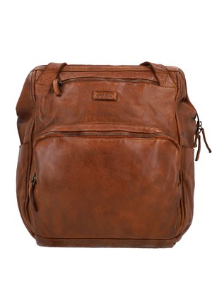 Bolso de hombro de cuero marrón con dos compartimentos con cremallera y una pequeña etiqueta de marca cosida en el frente.