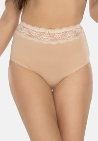 Hoge taille beige onderbroek van gladde stof met een delicate kanten tailleband en een klein strikje in het midden. Naadloze beenopeningen.