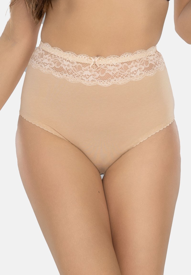 Hoge taille beige onderbroek van gladde stof met een delicate kanten tailleband en een klein strikje in het midden. Naadloze beenopeningen.