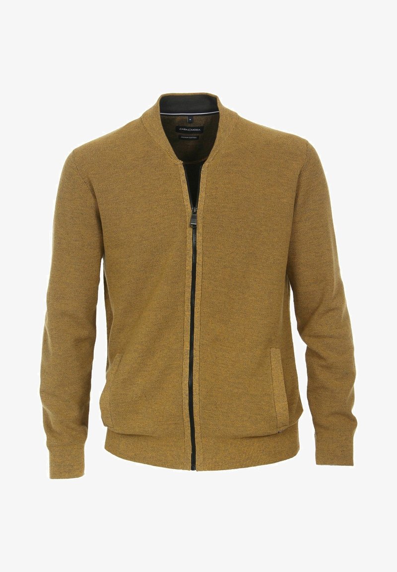 Veste tricotée marron pour homme avec fermeture éclair, poignets, col et taille côtelés, avec poches latérales et doublure intérieure noire.