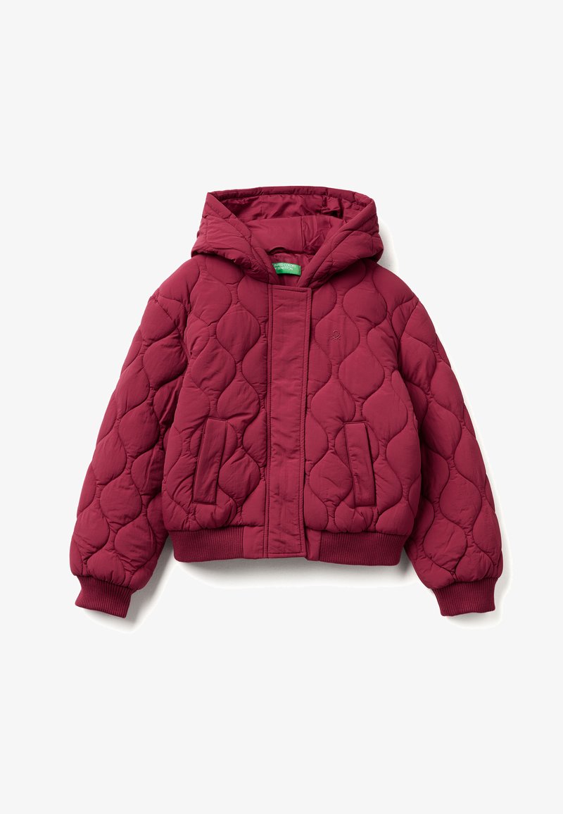 Burgundy quilted jacket with a hood, featuring a front zipper, two side pockets, and ribbed cuffs and hem. Smooth fabric texture.