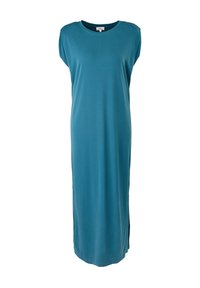 Robe sans manches, ample, longueur cheville, bleu sarcelle uni, avec un col rond et des fentes latérales, réalisée en tissu lisse.