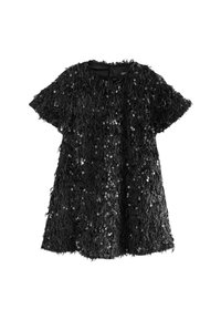 Rochie neagră dintr-un material texturat, cu un aspect firav și ciufulit. Prezentă sequins argintii strălucitori în întreaga sa compoziție și are un gât rotund.