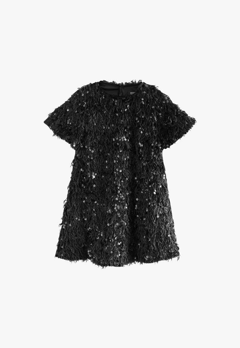 Vestito nero realizzato in tessuto testurizzato con un aspetto shaggy e frangiato. Presenta paillettes argentate lucide su tutta la superficie e una scollatura rotonda.