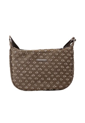 Borsa a tracolla in tessuto marrone con piccolo motivo floreale beige, targhetta con logo in argento, tracolla e chiusura con zip.