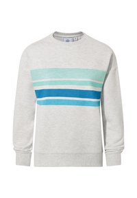 Light gray sweatshirt with a crew neckline, featuring horizontal stripes in mint green and shades of blue. Soft texture with ribbed cuffs.