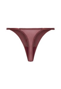 String bordeaux transparent avec un panneau avant lisse, des bords festonnés et une section arrière contrastante unie. Détail de tissu texturé visible.