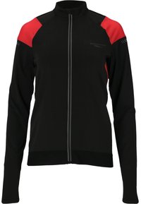 Schwarze Sportjacke mit roten Mesh-Akzenten an den Schultern, durchgehendem Reißverschluss und reflektierenden Streifen an der Vorderseite für bessere Sichtbarkeit.