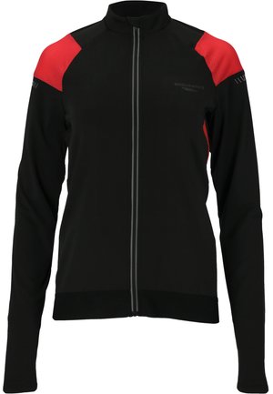 Schwarze Sportjacke mit roten Mesh-Akzenten an den Schultern, durchgehendem Reißverschluss und reflektierenden Streifen an der Vorderseite für bessere Sichtbarkeit.