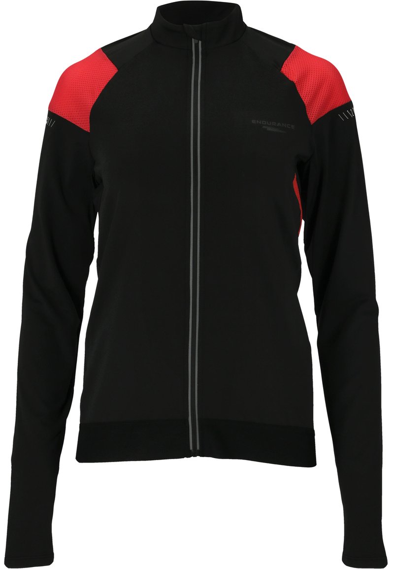 Schwarze Sportjacke mit roten Mesh-Akzenten an den Schultern, durchgehendem Reißverschluss und reflektierenden Streifen an der Vorderseite für bessere Sichtbarkeit.