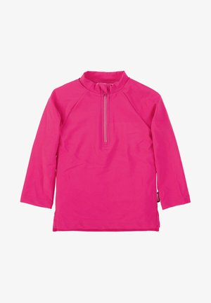 Long-sleeve swim shirt in bright pink, made from stretchy fabric. Features a quarter-zip front and flat seams for comfort.