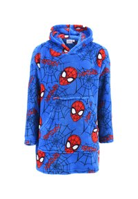 Felpa con cappuccio in pile su sfondo blu, decorata con volti rossi di Spider-Man e motivi a rete neri. Include una tasca frontale e un cappuccio.