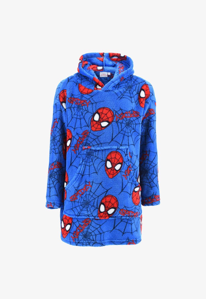 Felpa con cappuccio in pile su sfondo blu, decorata con volti rossi di Spider-Man e motivi a rete neri. Include una tasca frontale e un cappuccio.