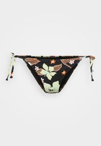 Svart bikini-bunn med et blomsterdesign i grønn, brun og oransje, med justerbare sidenbindinger og en teksturert kant for ekstra detaljer.