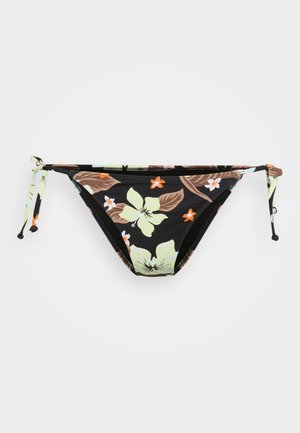 Black bikini bottom featuring a floral pattern in green, brown, and orange, with adjustable side ties and a textured edge for added detail.
