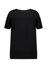 T-shirt noir à manches courtes, caractérisé par un col rond et une texture lisse et uniforme, conçu pour un ajustement décontracté et une tenue décontractée.