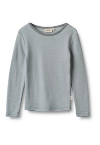 Long-sleeve shirt in light blue-grey cotton with subtle horizontal stripes. Features a round neckline and textured fabric. Brand label visible.